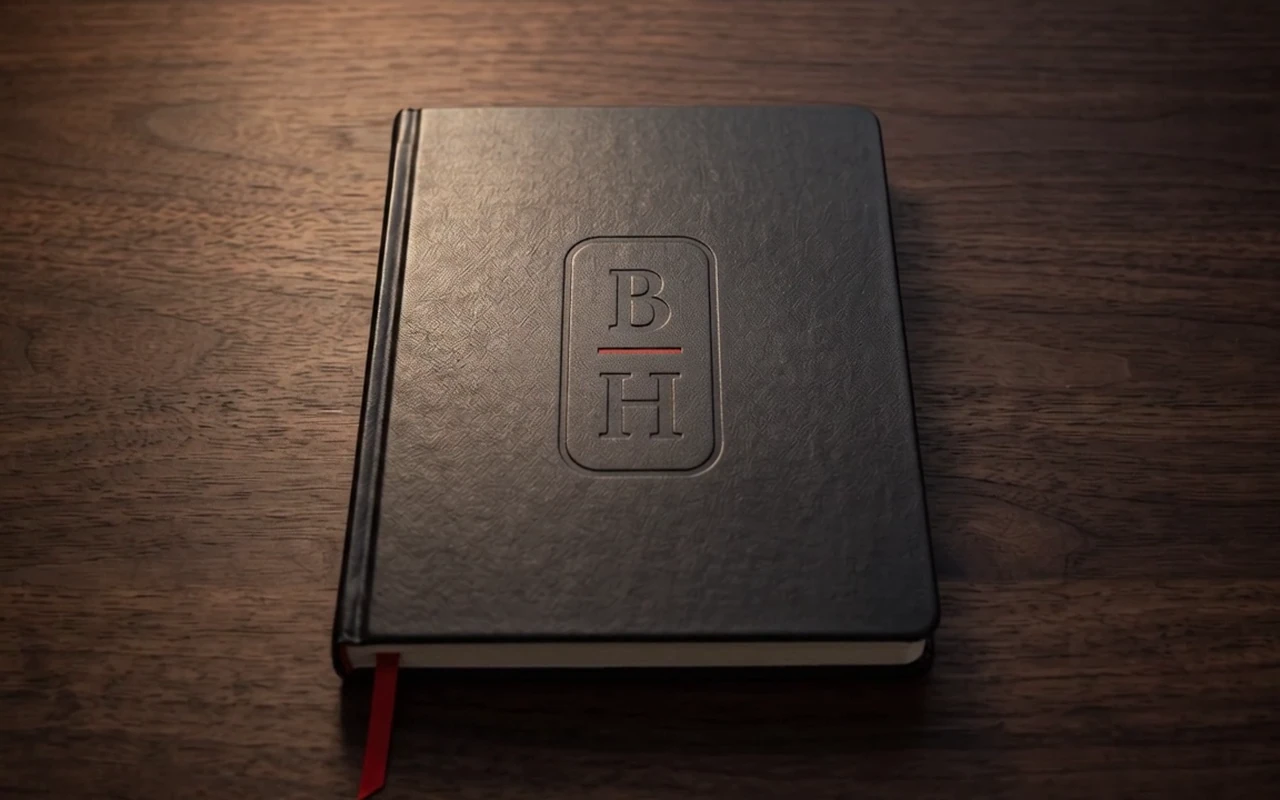 A closed black notebook on a walnut desk in warm light